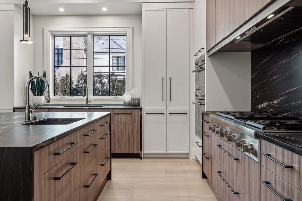 a kitchen with a wood floor