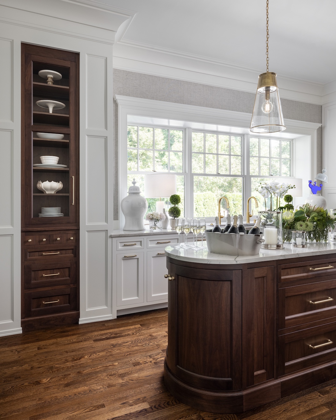 a kitchen with a large window